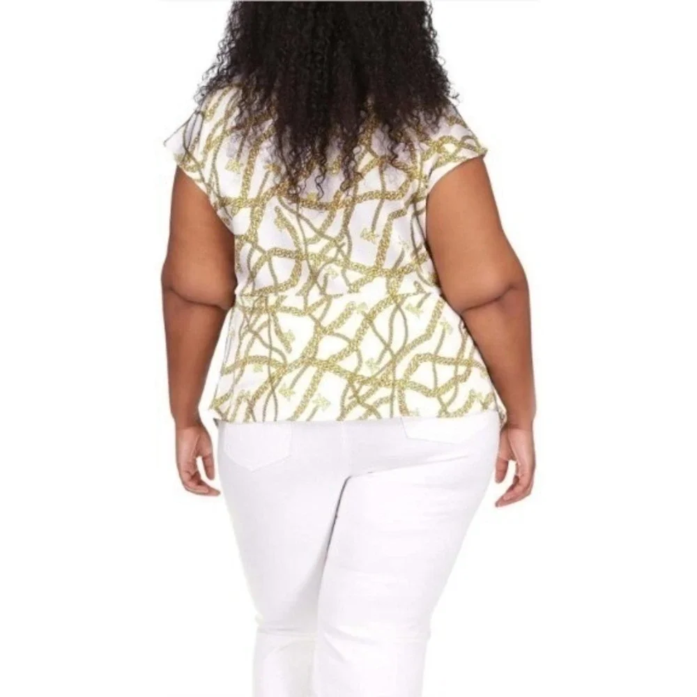 Michael Kors Chain Print Top Blouse Keyhole Neck Short Sleeve‎ White 1X